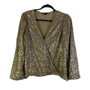 Boston Proper Sequin Embellished Faux Wrap Shirt Gold Holiday